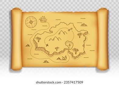 Old pirate map of treasure island on an old scroll. Template is isolated on transparent background. Vector illustration.