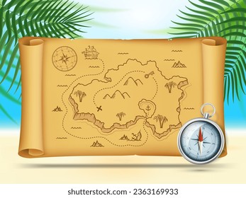 Antiguo mapa pirata de isla del tesoro en un viejo pergamino. Ilustración vectorial.