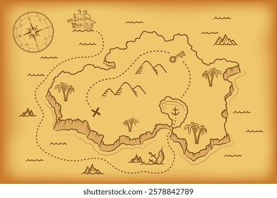 Old pirate map of treasure island on an old parchment paper. Vector illustration.