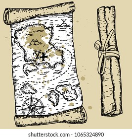 The old pirate map. Treasure map. A sketch on an old background.