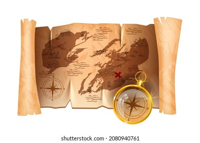 Old Pirate Map Vector Illustration, Antique Parchment Paper Scroll, Cartography Ancient Treasure Guide. Gold Compass, Corsair Geography Game Object, Texture Roll Sheet. Pirate Map Island Silhouette