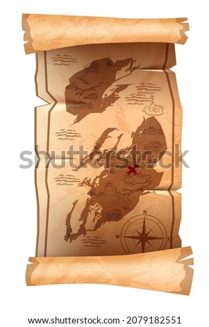 Old pirate map vector illustration, antique parchment paper scroll, travel cartography adventure clipart. History treasure island navigation, corsair fantasy poster, dirty sheet. Old map, compass sign