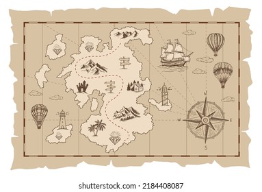 Old pirate map, vector sketch. Hand drawn illustrations, vector.