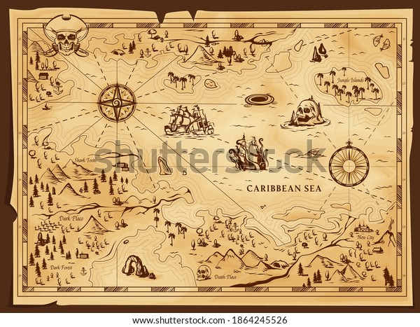Old pirate map, vector worn parchment with jolly
roger in tricorn, caribbean sea, islands and land, wind rose and
cardinal points. Vintage grunge paper pirate map, adventure,
treasure research game