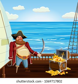 Old pirate with one leg and hook and saber, guards treasure chest on ship deck, vector, isolated, cartoon style