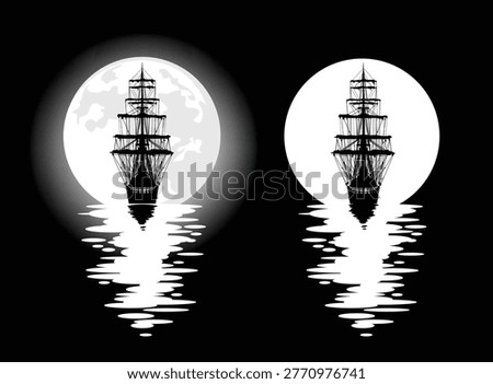 old pirate sail ship standing in water at night with full moon -  antique sea adventure symbol vector silhouette design