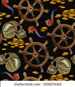 Old pirate, sea adventures fashion seamless background. Template for clothes, textiles, t-shirt design. Embroidery skull pirate and steering wheel seamless pattern. Classical embroidery