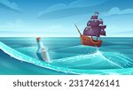 Old pirate ship and bottle with message scroll or paper treasure map floating in ocean or sea waves vector illustration. Cartoon battleship after shipwreck with broken deck and torn flag on horizon