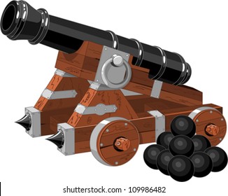 Old Pirate Ship Cannon  And Cannon Balls