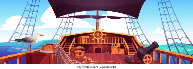 Vista de cubierta de barco pirata antiguo con fondo de volante. Velero de madera en el mar. Antiguo galeón con red y cofre del tesoro. Aventura de verano en el acorazado juego ilustración de paisaje