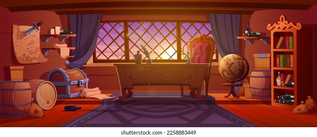 Old pirate ship inside at sunset. Wooden boat captain cabin interior with table, treasure chest, barrels, candles, rum bottles and books on shelves, grobe and paper map, vector cartoon illustration