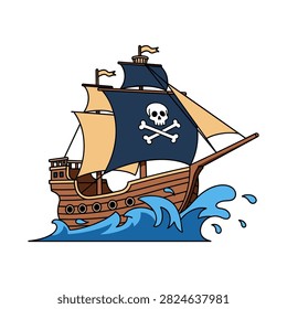 Old pirate ship sailing on rough sea with crossbones adventure nautical
