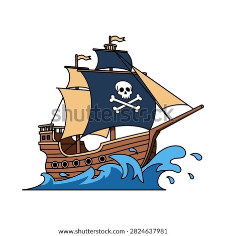 Old pirate ship sailing on rough sea with crossbones adventure nautical