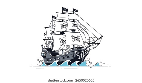 An old pirate ship sails across the ocean waves with jolly roger flags flying high