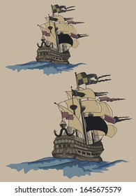 Altes Piratenschiff im Meer. Vektorillustration