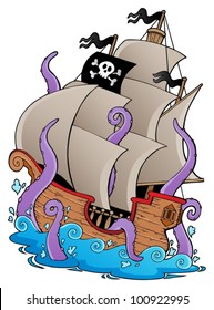 Old pirate ship with tentacles - vector illustration.