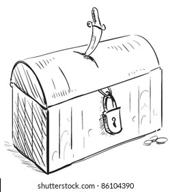 Old pirate treasure cartoon icon with lock and dagger. Sketch fast pencil hand drawing illustration in funny doodle style.