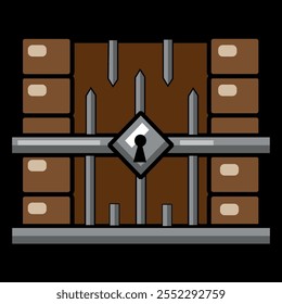 Old pirate treasure chest with lock. Front view. Hand drawn vector graphic illustration. Isolated object on a white background. Isolate.