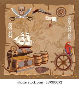 Old pirate treasure map. Adventure stories background. Treasure chest parrot steering wheel skull rum saber pirate hat and ship 