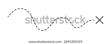 Old pirate treasure map. Dashed line and X sign on map. Path to treasure and gold location. Old pirate letter. Vector illustration isolated on white background.