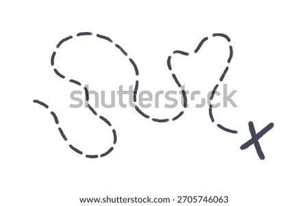 Old pirate treasure map. Dashed line and X sign on map. Path to treasure and gold location. Old pirate letter. Vector illustration isolated on white background.