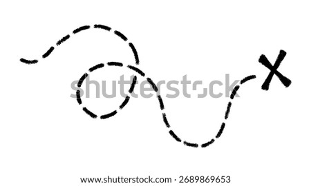 Old pirate treasure map. Doodle dashed line and X sign on map. Path to treasure and gold location. Old pirate letter. Vector illustration isolated on white background.