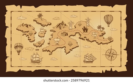 Old pirate treasure map. Hand-drawn illustrations.