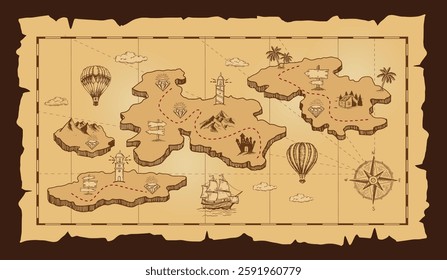 Old pirate treasure map. Hand-drawn illustrations.	