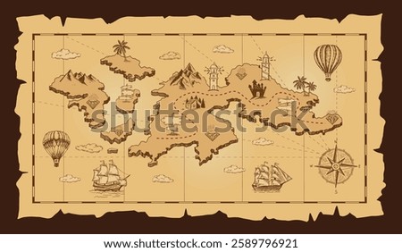 Old pirate treasure map. Hand-drawn illustrations.