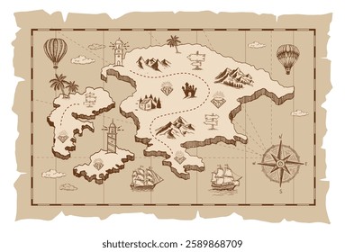 Old pirate treasure map on white. Hand-drawn illustrations.