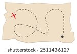 Old pirate treasure map with red X marking the spot. Aged parchment with markings. Simple vector illustration