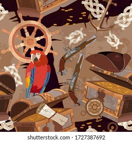 Old pirate treasure map seamless pattern. Golden coins, chest, colorful parrot, steering wheel and pirate hat. Adventure stories background 