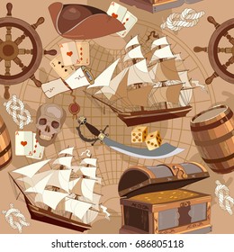 Old pirate treasure map seamless pattern, adventure stories concept. Treasure chest, steering wheel, skull, rum saber pirate hat. Pirate adventure stories seamless background 