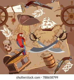 Old pirate treasure map seamless pattern. Treasure chest, parrot steering wheel skull, rum saber pirate hat and ship. Adventure stories seamless background 