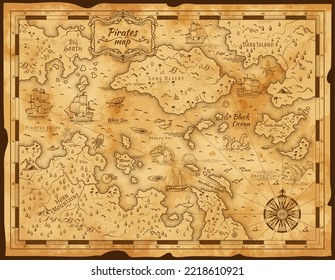 Old pirate treasure map. Vintage parchment paper with vector island, sea and sail ship, antique compass, ocean monster animal and fish sketch. Treasure hunt adventure, cartography and sea journey