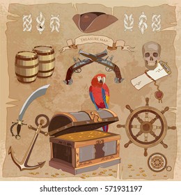 Old pirate treasure map vintage collection. Adventure stories background. Treasure chest parrot steering wheel skull rum saber pirate hat 