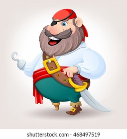 Old pirate with wooden foot and hook. Vector illustration.