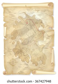 Old pirates treasure island map with marked location, vector illustration