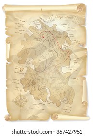Old pirates treasure island map with marked location, vector illustration
