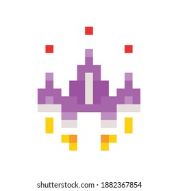 Old pixel arcade game spaceship character on white background flat vector illustration