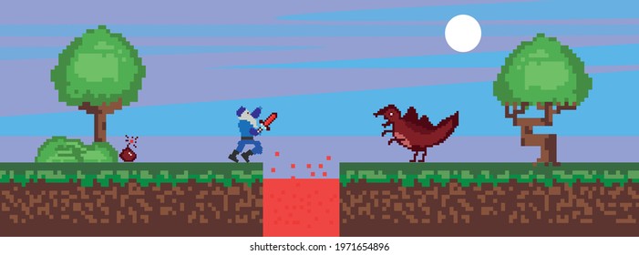 An old pixel game. Background for pixel games. Vector.