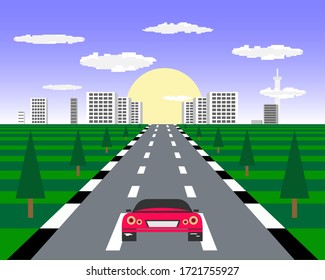 Old pixel race computer game. Sports car rides on the highway against the backdrop of the cityscape.
