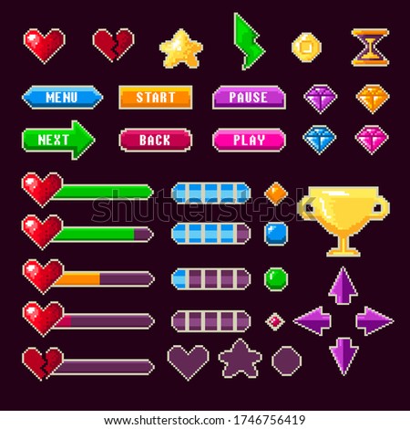 Old pixel video game ui ux for entertainment vector illustration. Online console controller flat style. Game for computer device. Creative bright design concept