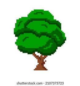 Old pixelated maple with dense crown. Green big tree with green semicircular geometric branches and beautiful vector foliage.