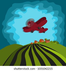 
The old plane is flying on a plowed field against the sky. After the rain. Isolated. Vector drawing.