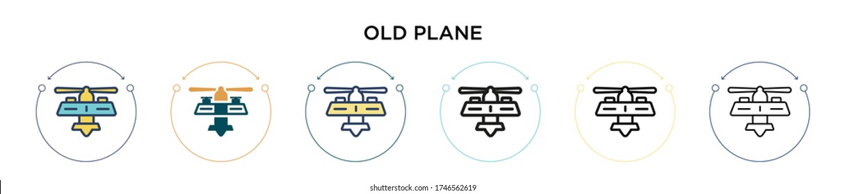 Old plane icon in filled, thin line, outline and stroke style. Vector illustration of two colored and black old plane vector icons designs can be used for mobile, ui, web