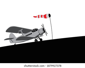 An old plane on the airfield is ready to fly. Vector image for illustrations.