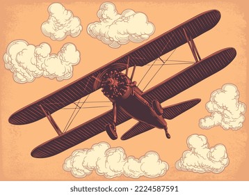 Old plane in the sky. Editable hand drawn illustration. Vector vintage engraving. Isolated on color background. 8 eps