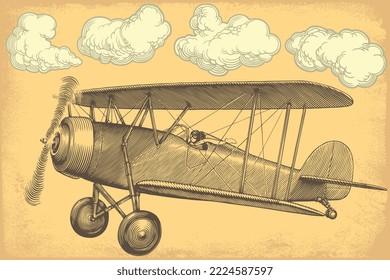 Old plane in the sky. Editable hand drawn illustration. Vector vintage engraving. Isolated on color background. 8 eps