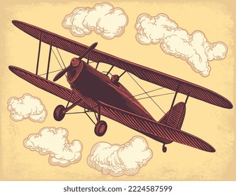 Old plane in the sky. Editable hand drawn illustration. Vector vintage engraving. Isolated on light background. 8 eps